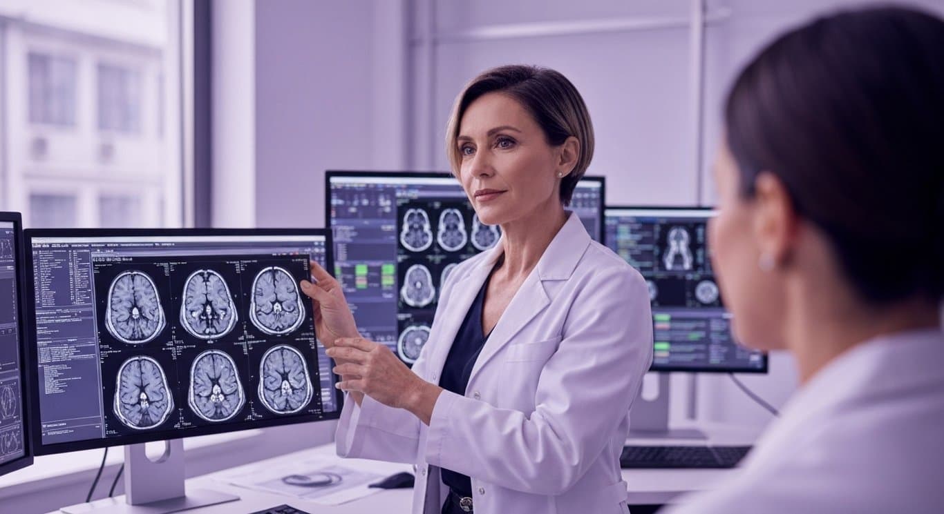 Businesswoman in white coat shows brain scan in modern office with digital monitors and purple hues