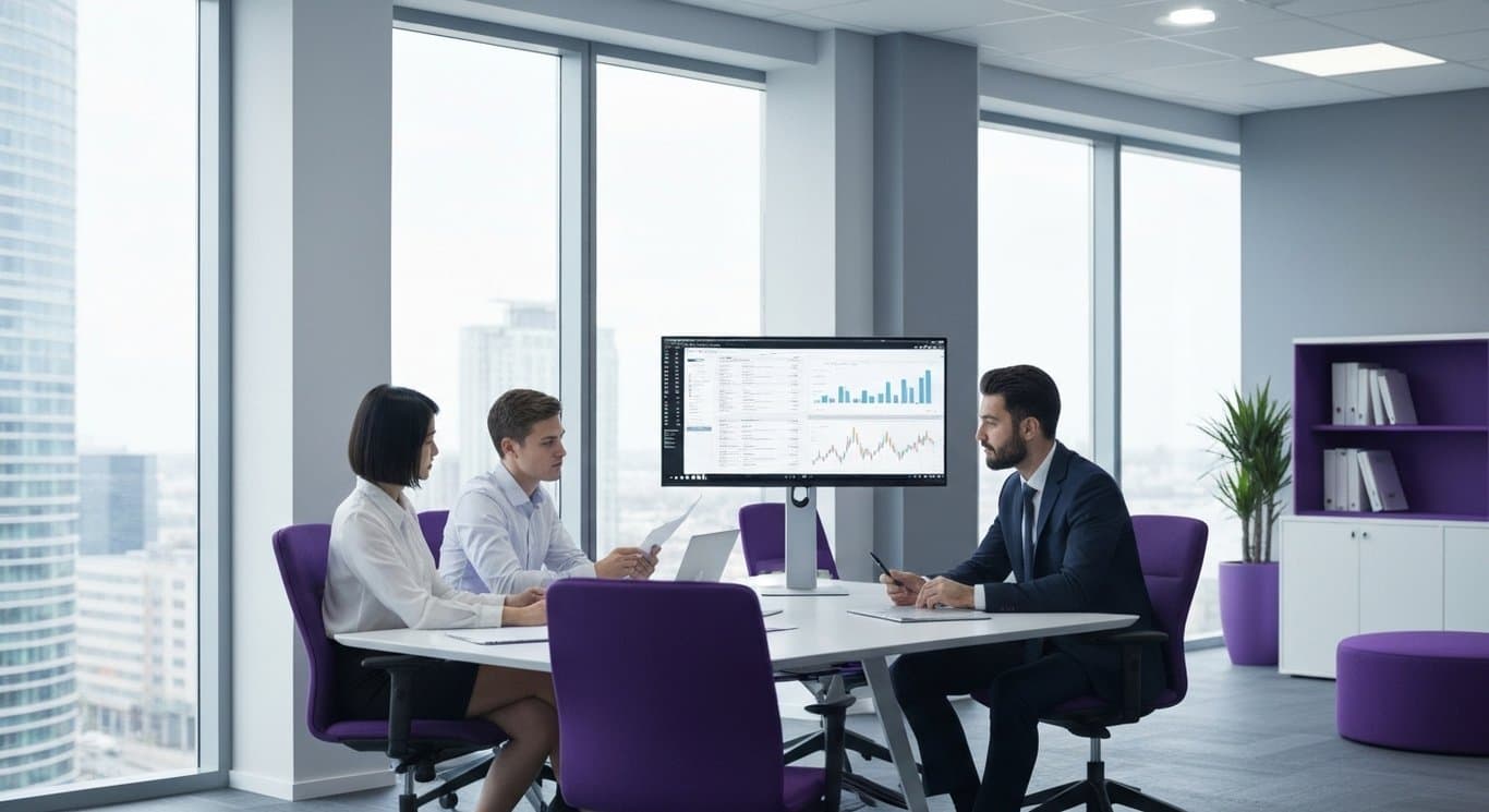 Businesspeople analyzing financial charts in a modern office with a purple city skyline background