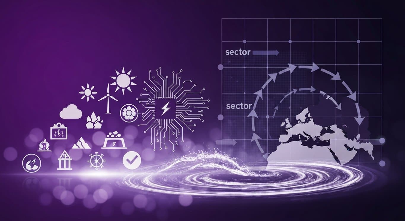 Market rotation from tech to energy and basic materials, with oil price volatility and AI disruption visualized in abstract紫紫