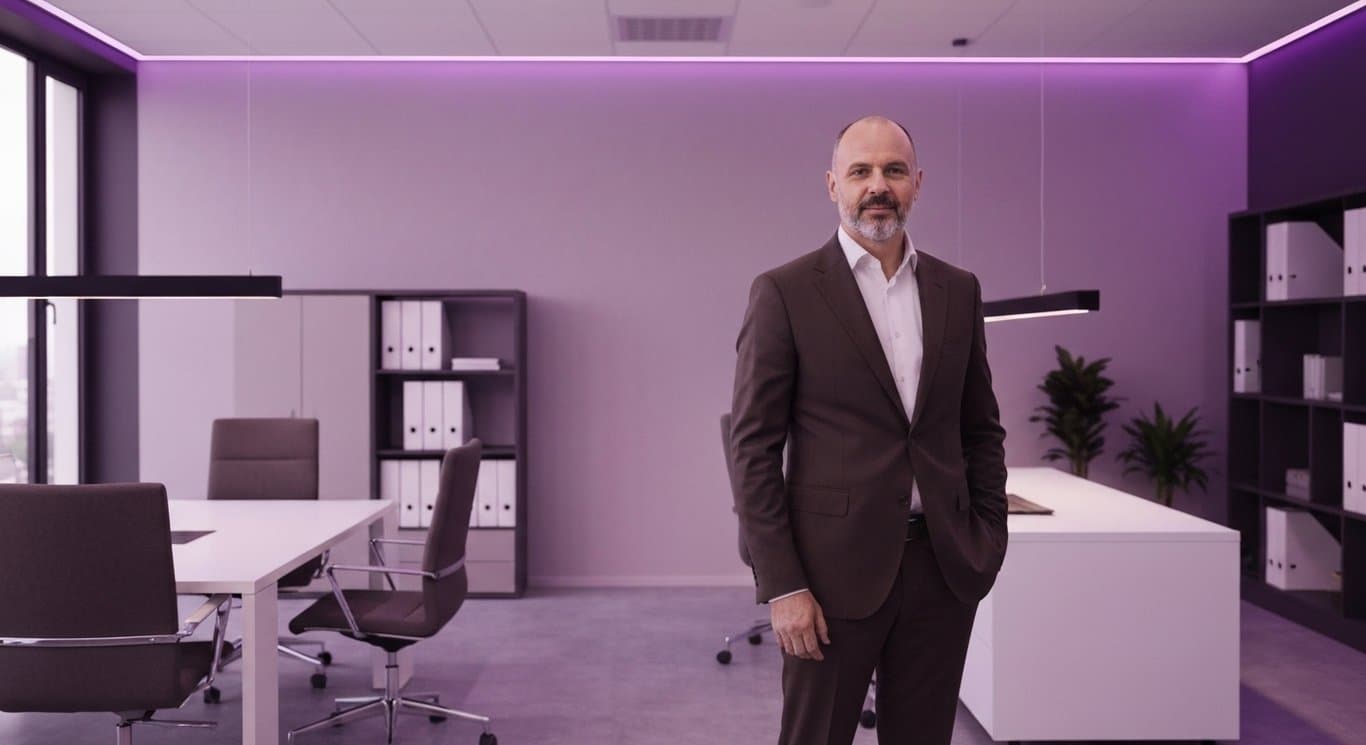 Business executive in suit stands in modern office with purple lighting accents
