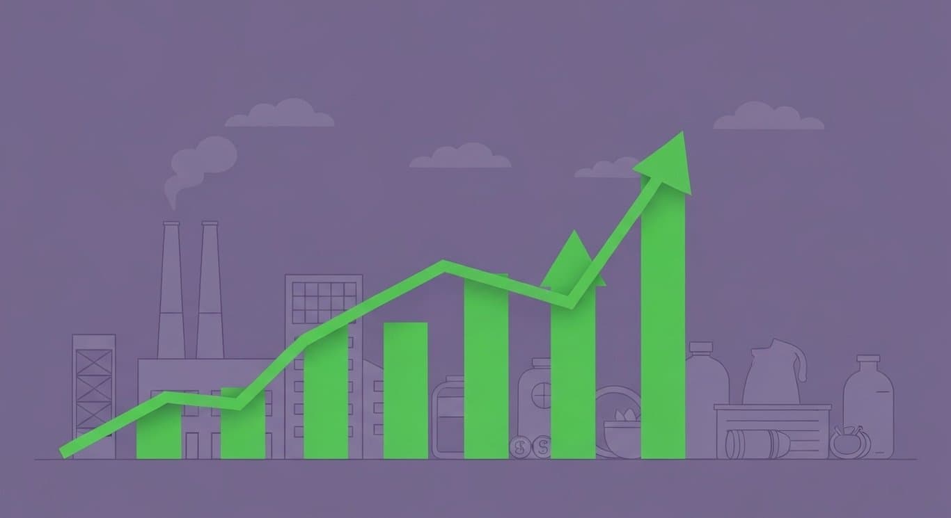 Rising stock chart with green arrows in front of industrial buildings and consumer goods on soft purple background
