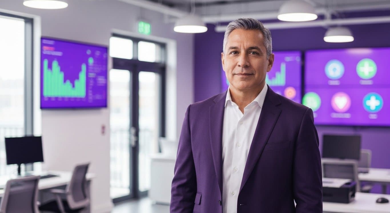 Business executive in a modern office with digital screens showing financial and healthcare icons