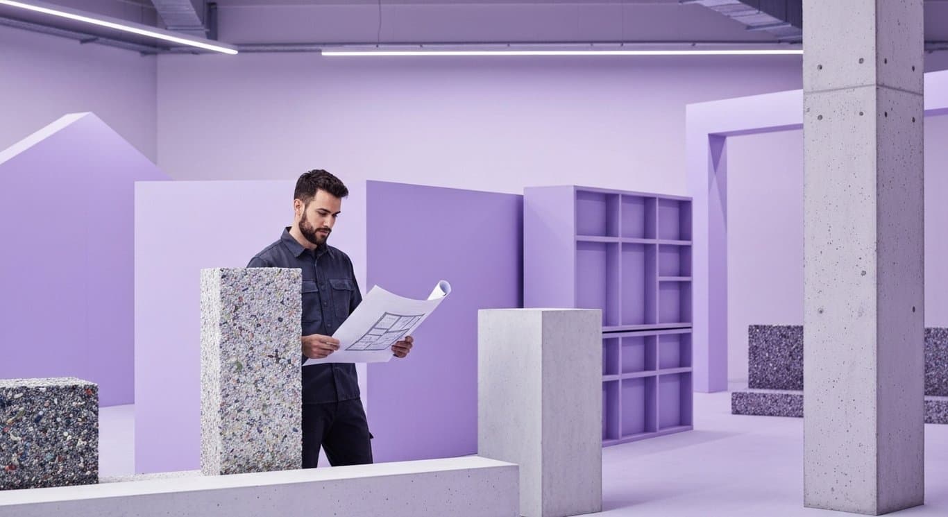 Modern construction worker analyzing plans near advanced building materials in a sleek, purple-toned workspace