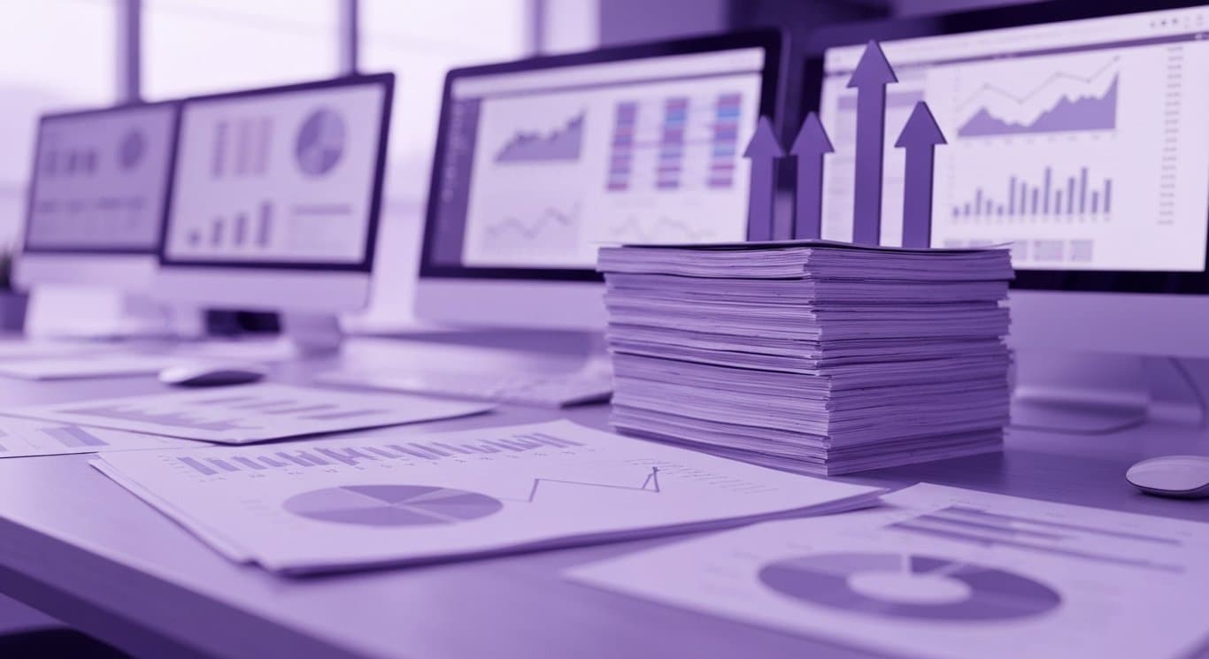 Stacks of financial charts and arrows in front of a blurred office background with monitors