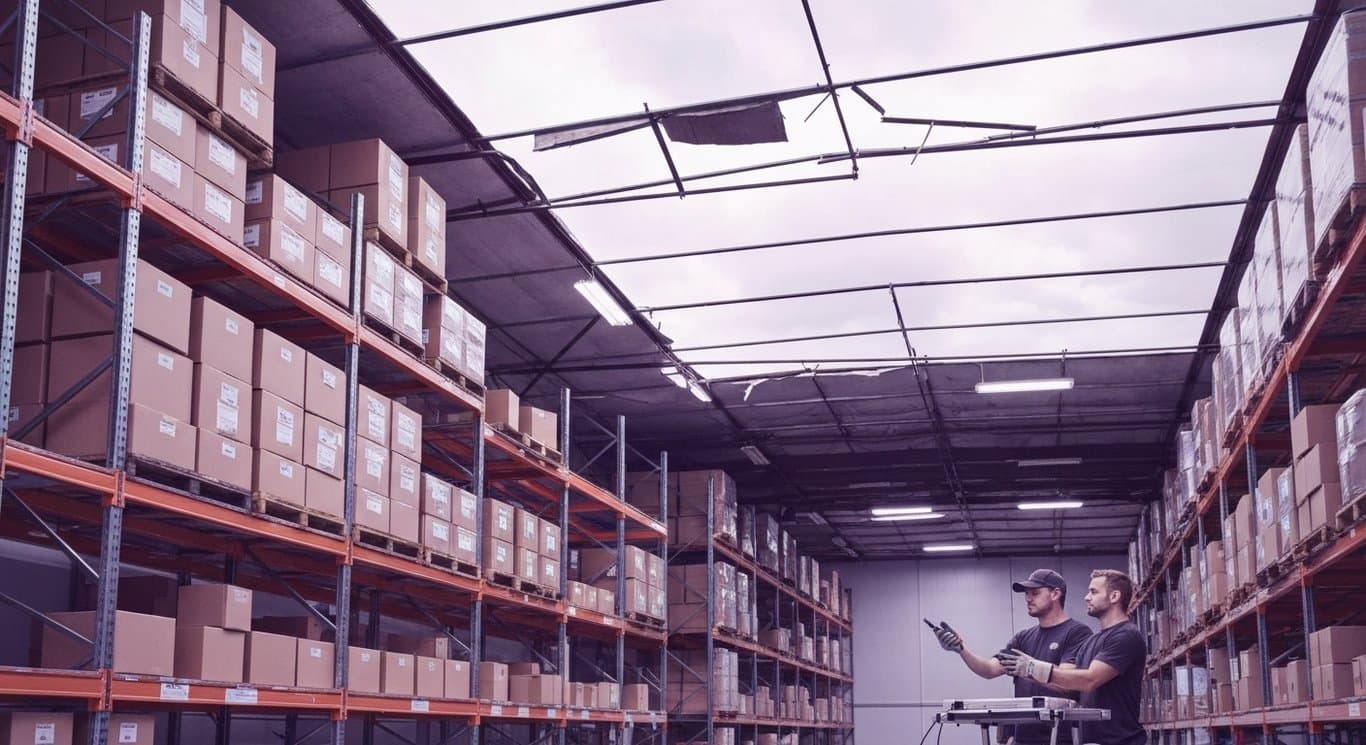 Silver shelves with boxes under a damaged roof, workers assessing the scene