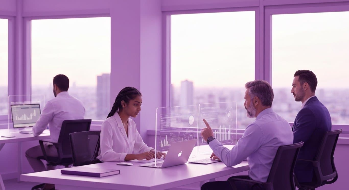 Workspace where professionals review digital financial data on transparent screens with a city view in the background