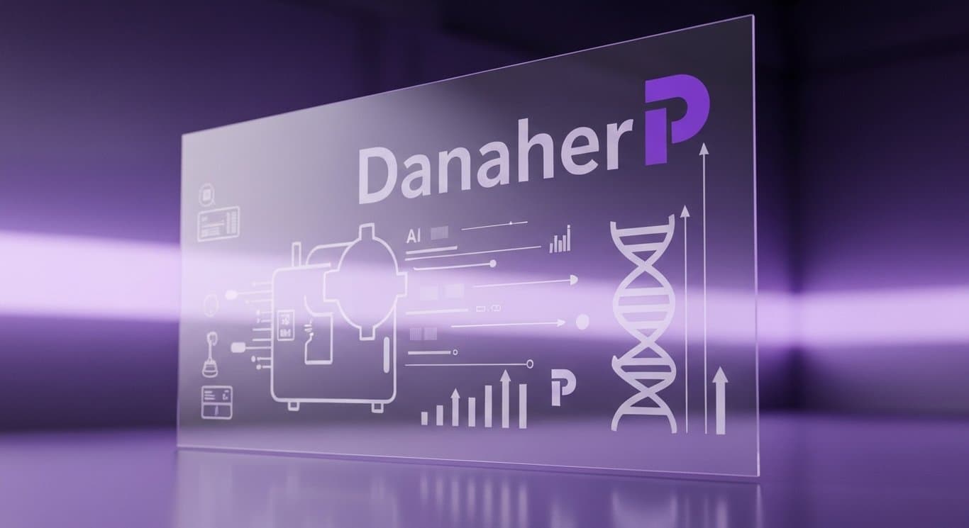 Danaher logo with AI diagnostics, proteomics, mass spectrometry, and lab automation visuals in a purple theme highlighting in