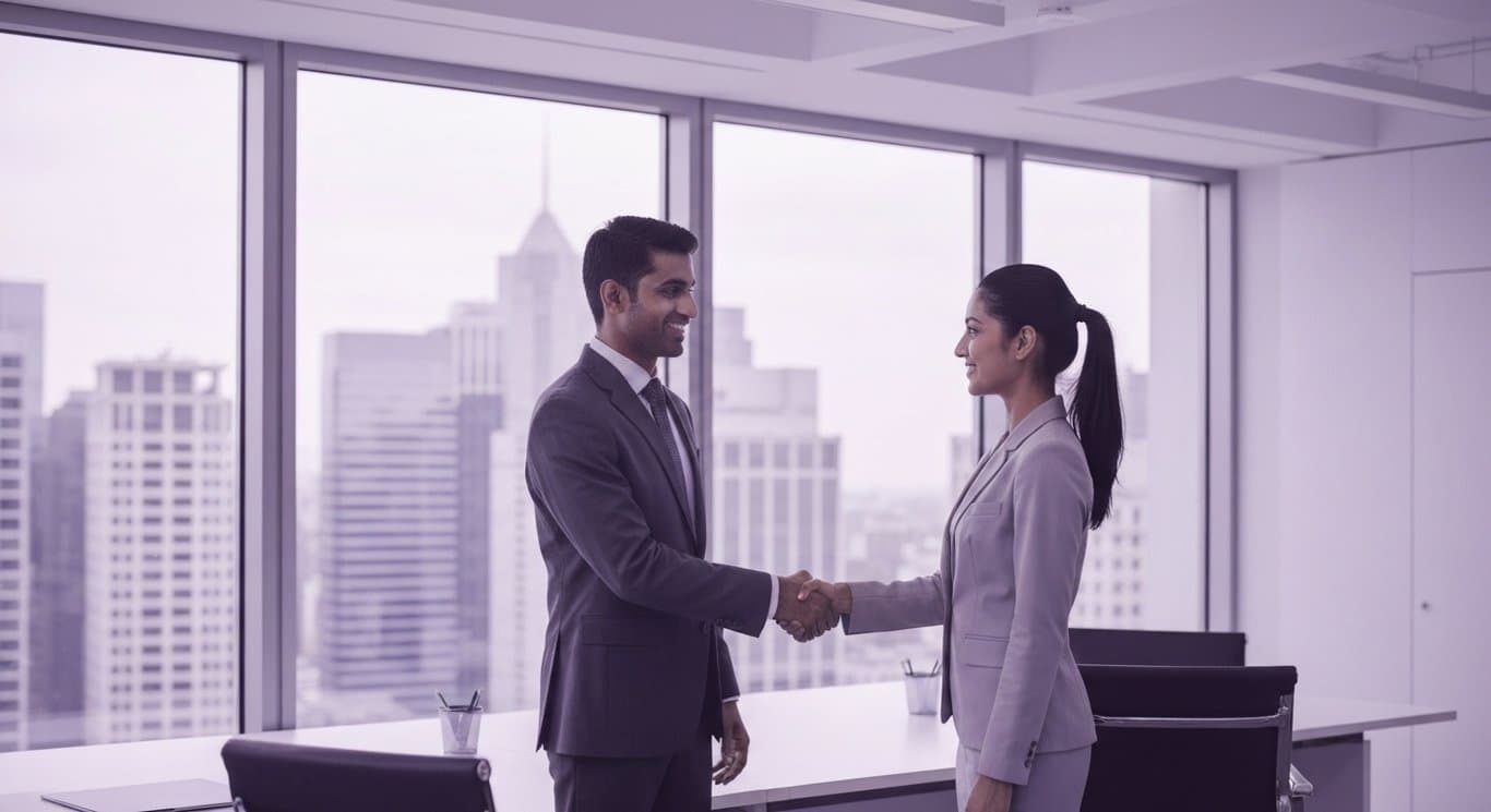 Business professionals shaking hands in a modern office with a purple-toned city view