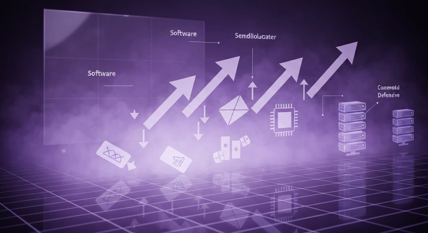 Abstract market rotation: software slump, chips and infrastructure surge, shift to commodities and defensive sectors, AIfears