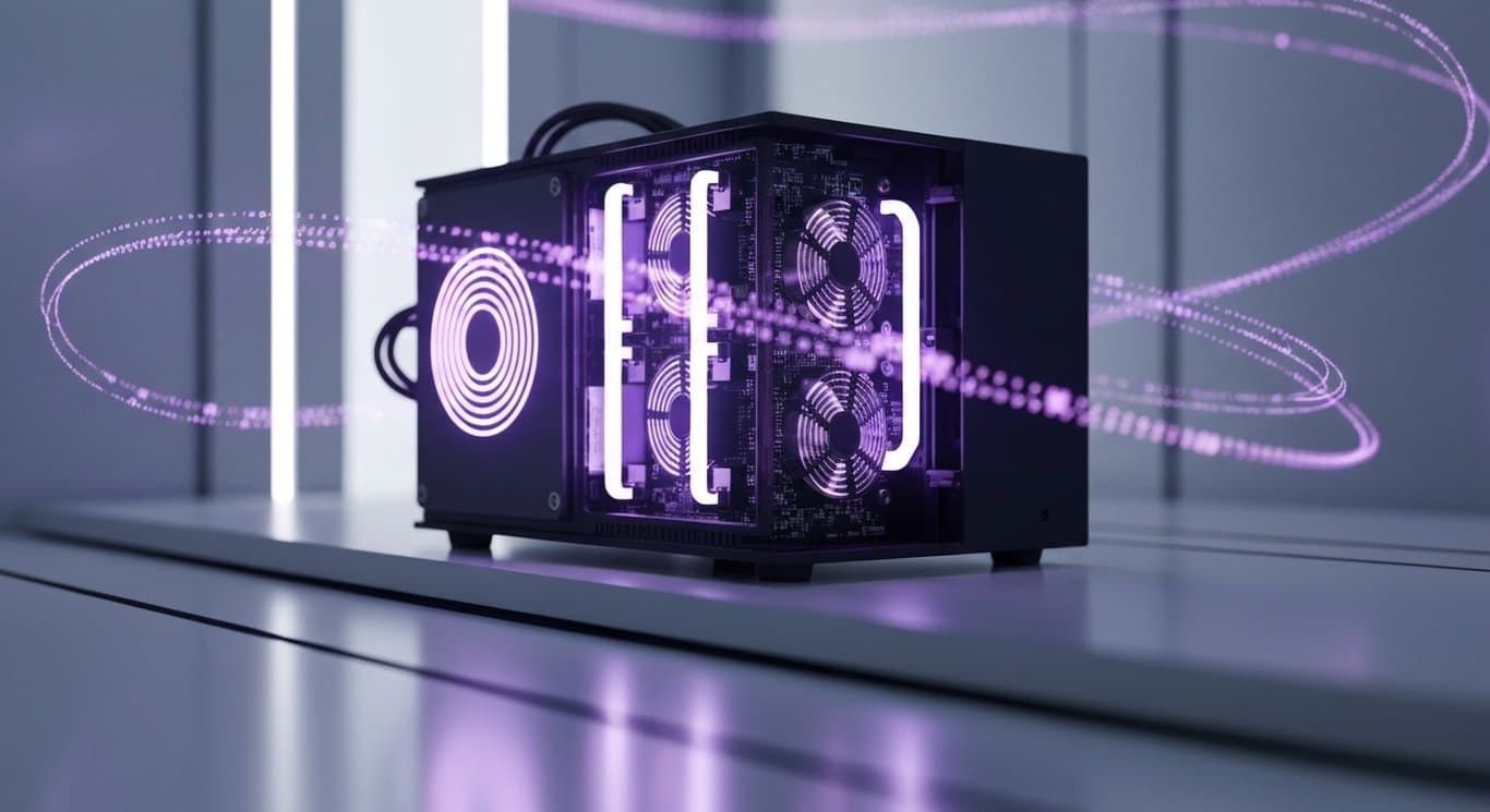Cryptocurrency mining rig with glowing lights in a modern data center with a purple-themed background
