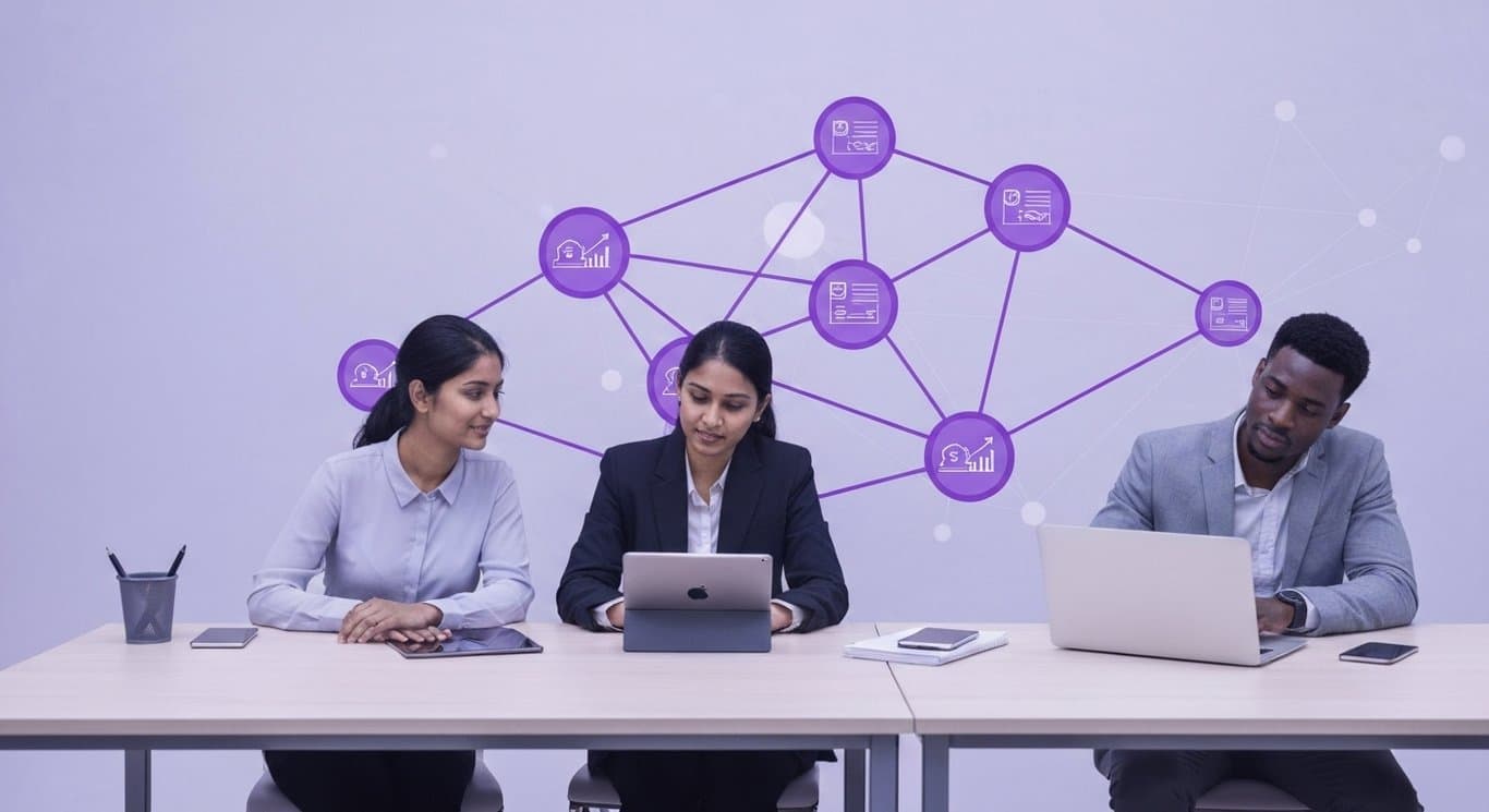 Modern abstract network of insurance data nodes in a collaborative workspace with sleek devices