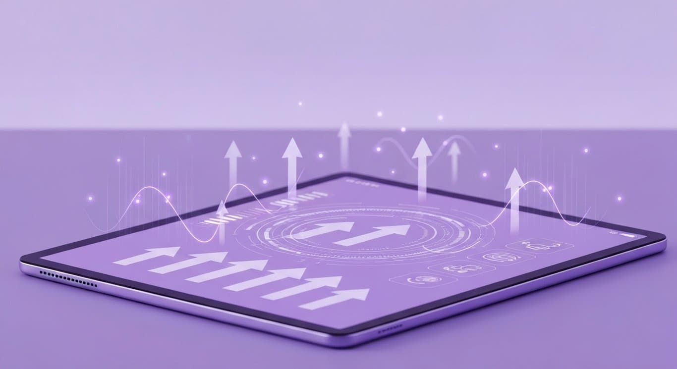 Digital tablet with abstract AI interface and upward arrows on a soft purple background