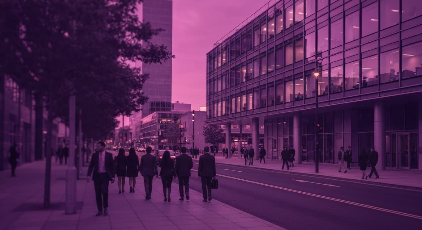 Modern glass office building in a financial district at dusk with people in business attire passing by