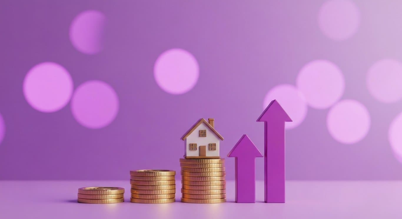 Single-family house figurine on stacked coins beside an upward arrow and cool haze, soft purple gradient background