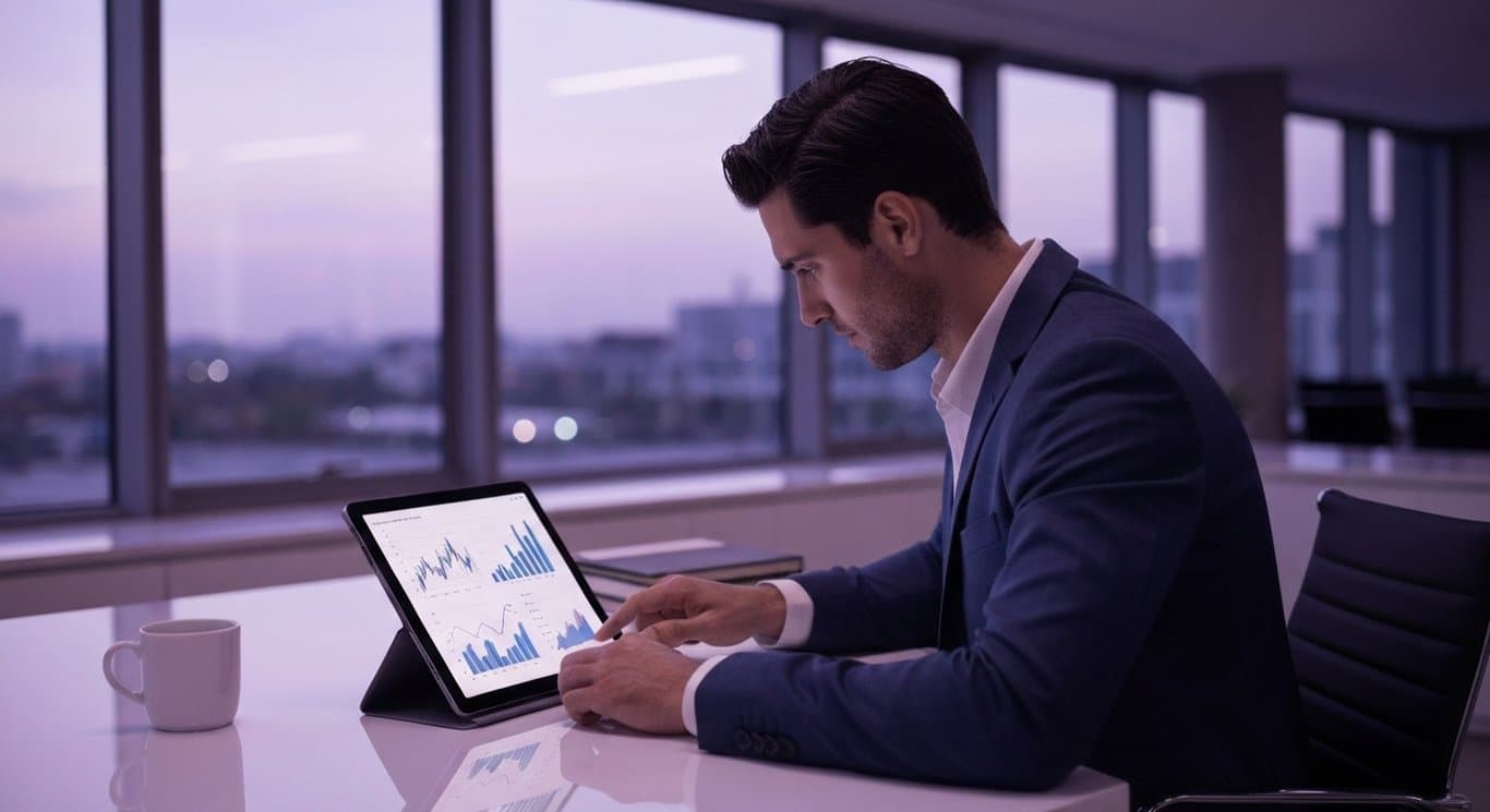Businessperson reviews financial charts on tablet in sleek office with purple ambient lighting