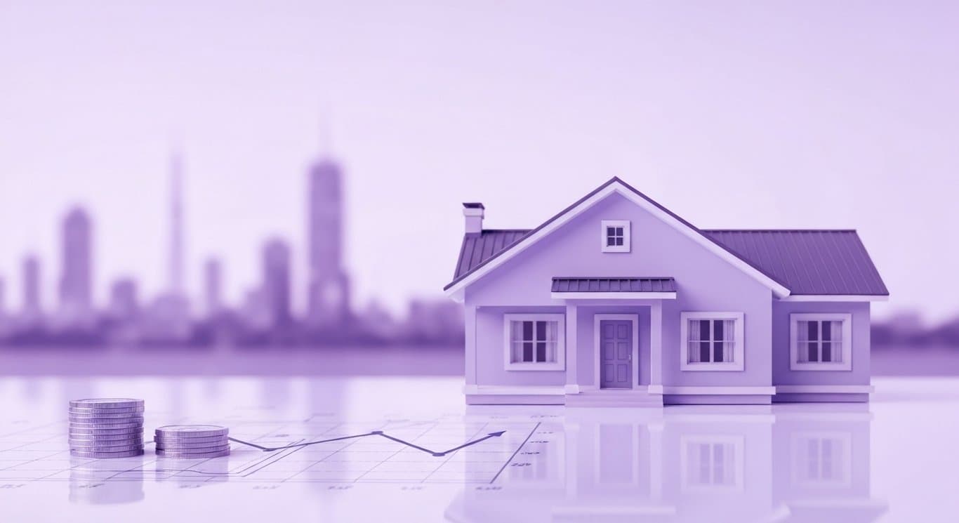 Suburban single-family house with upward line graph and a coin stack on a reflective surface against a soft purple skyline