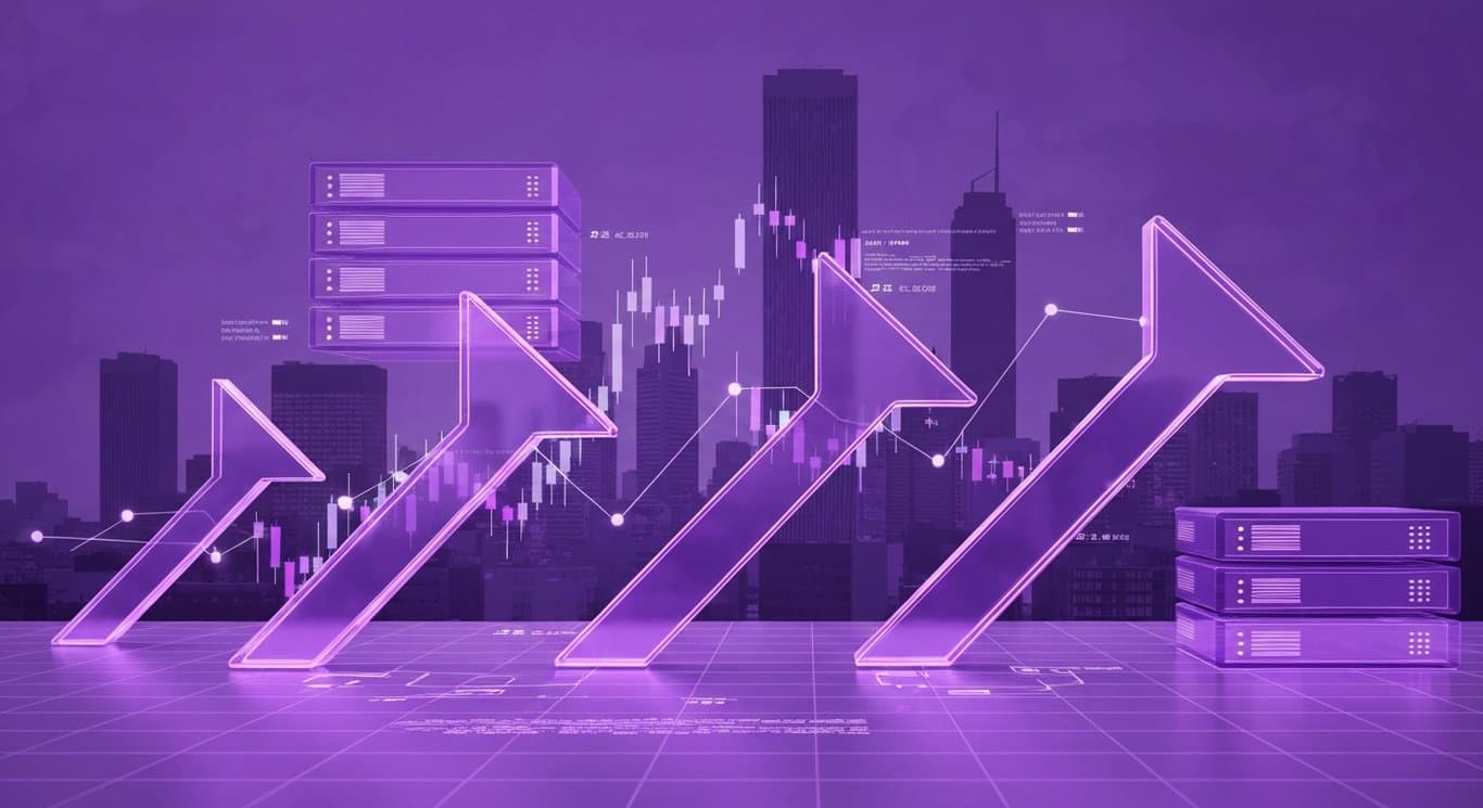 Abstract market arrows and AI server hardware driving US stock market highs, tech sector strength amid recession risk