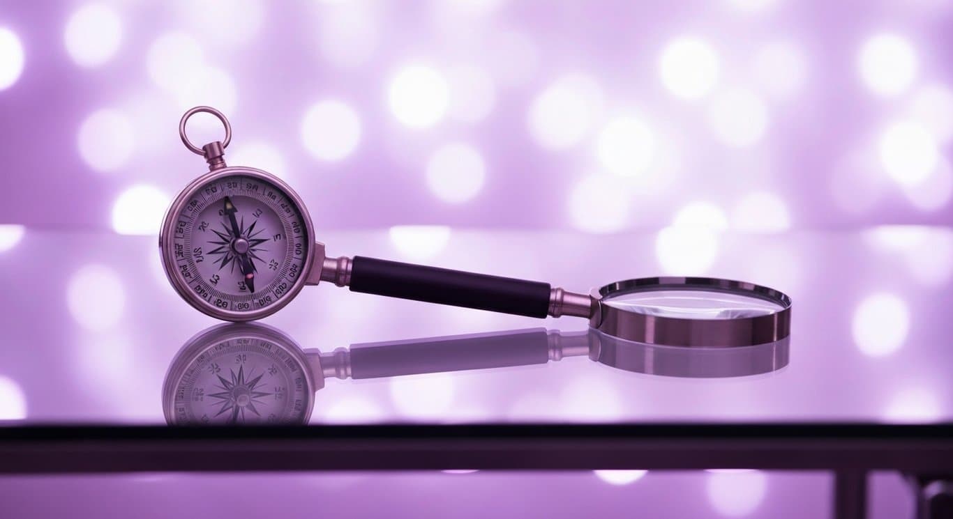 Magnifying glass and compass on a sleek glass desk with a soft purple gradient background