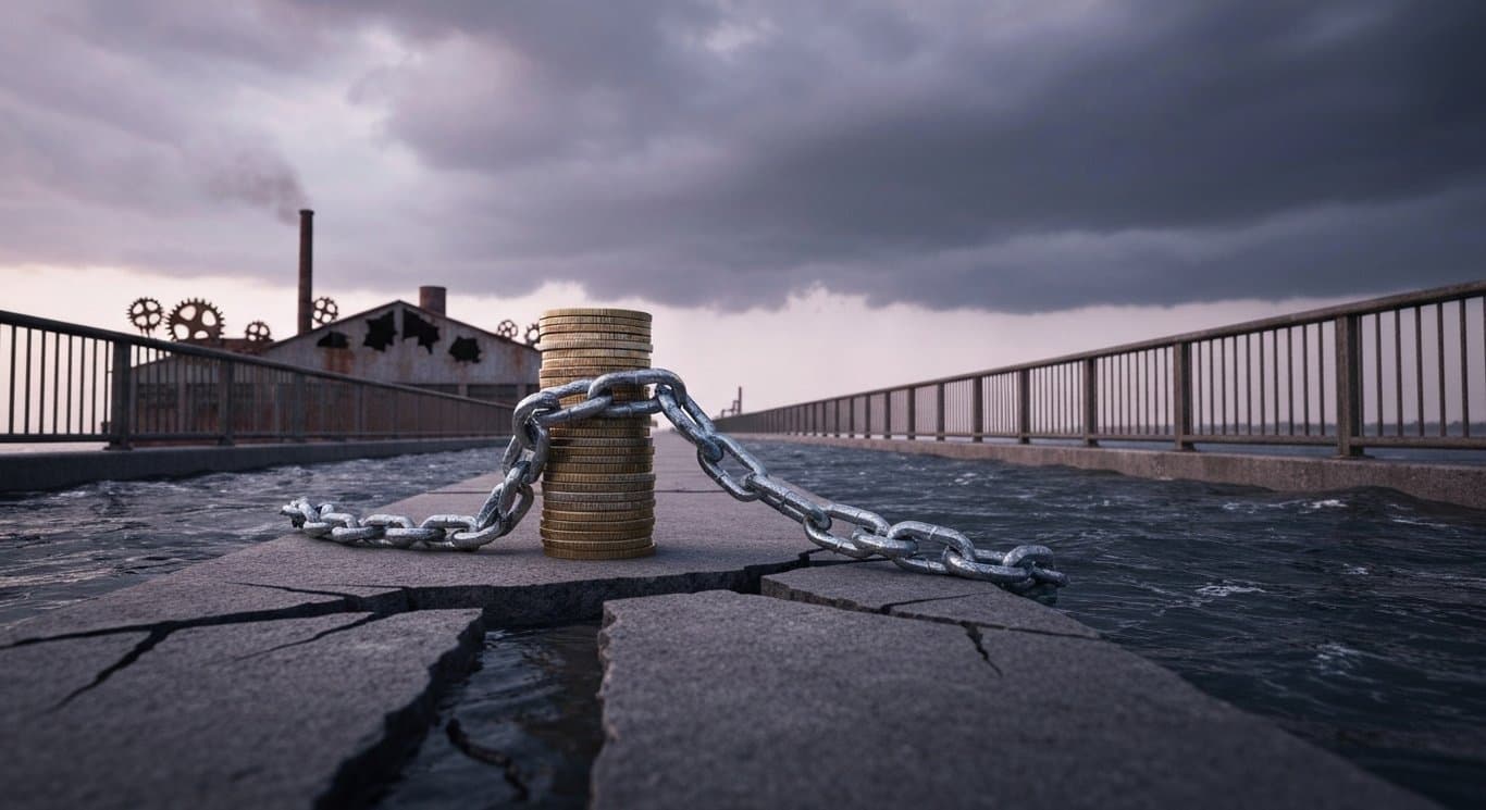 Stacked coins bound by a chain on a cracked bridge near a storm-damaged factory under clearing purple-tinted clouds