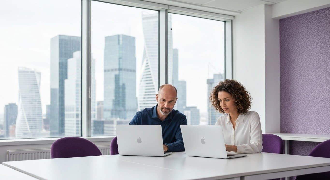 Modern office workspace with two analysts reviewing data on laptops by a window overlooking a city