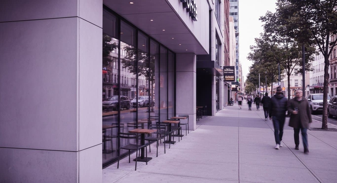 Modern coffee shop exterior with outdoor seating in an urban area, bathed in a soft purple glow