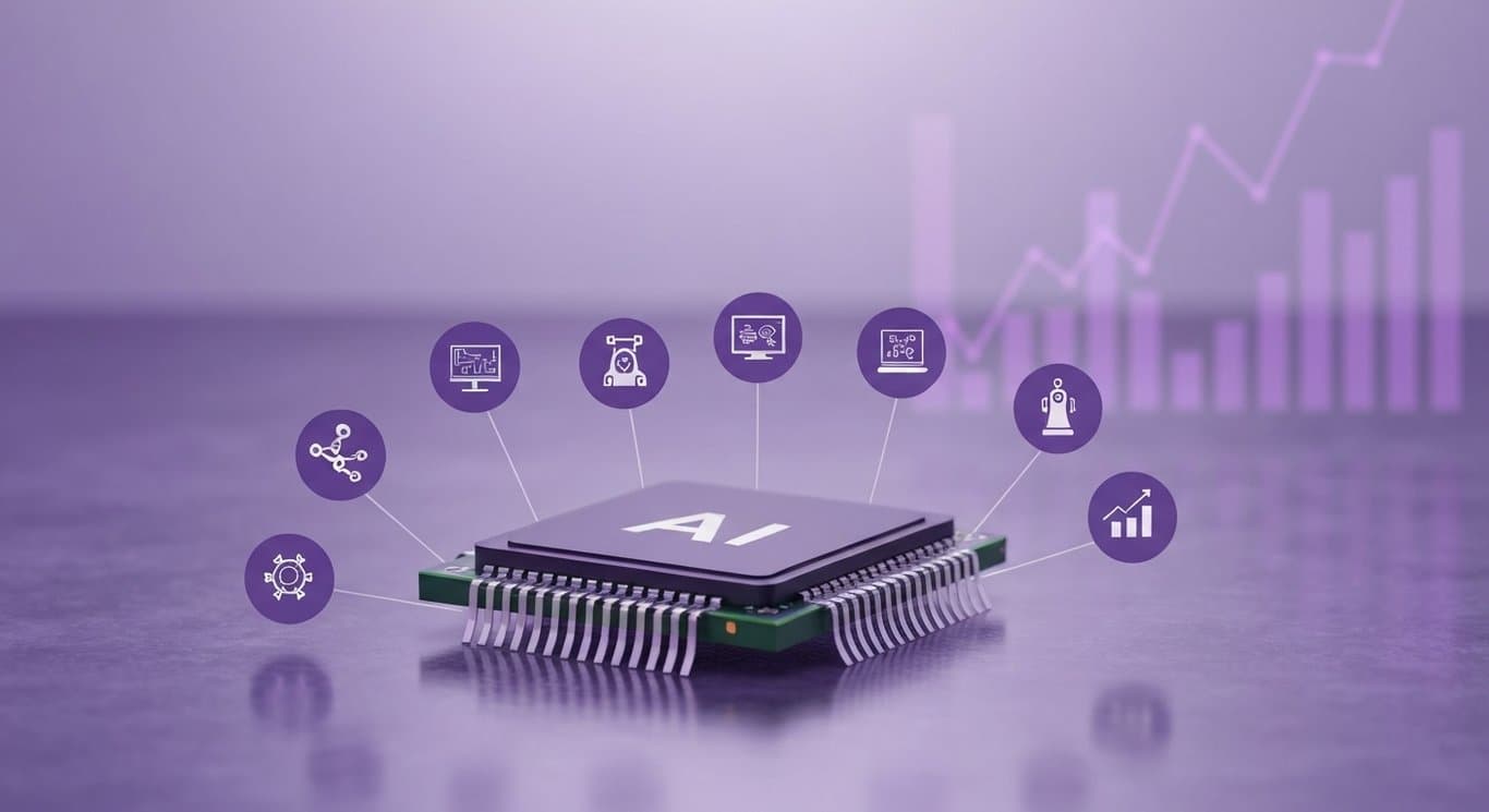 AI microchip surrounded by abstract technology symbols and market charts on a reflective surface