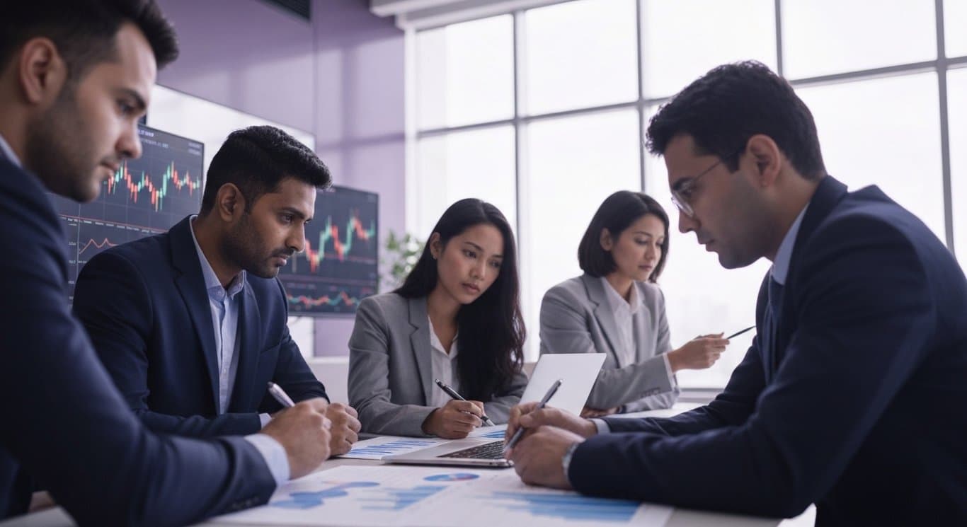 Group of business professionals reviewing digital stock graphs in a modern office with a purple background