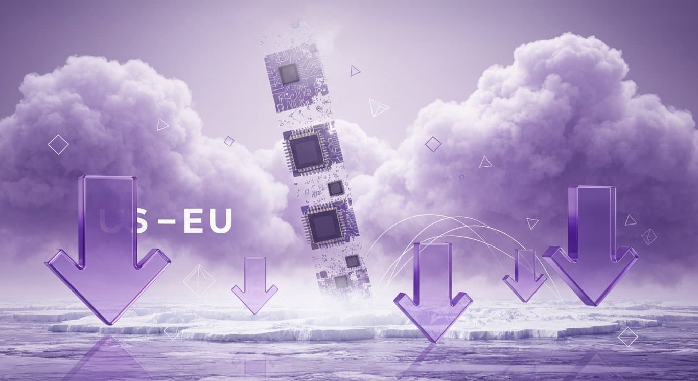 Abstract U.S.-EU trade tensions visual showing risk-off sentiment, bearish market signals, and IT hardware sector headwinds