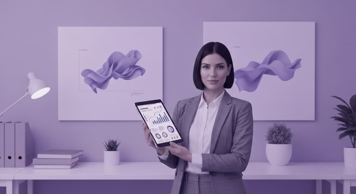 Businesswoman with tablet stands among abstract graphs in a soft purple office setting