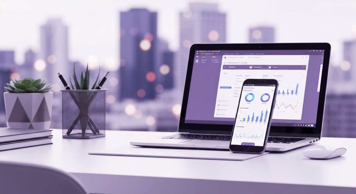 Modern laptop and smartphone displaying analytics on a sleek desk with a blurred cityscape backdrop