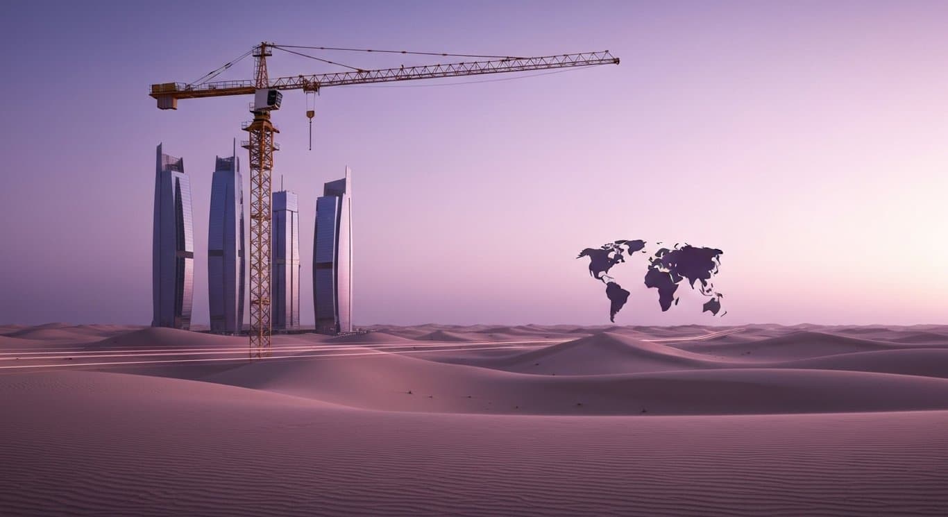 Construction crane beside modern skyscrapers rising from desert dunes under a soft purple gradient sky