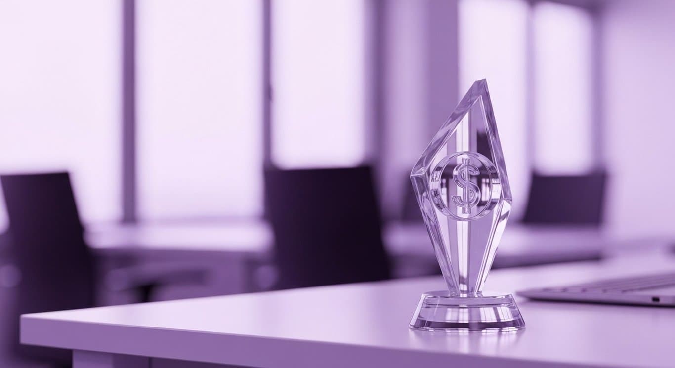 Elegant glass trophy on a modern desk with a soft purple-hued office background