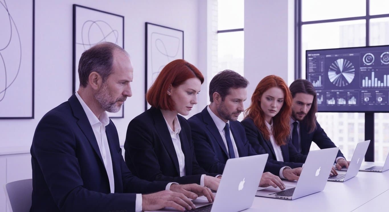 Business professionals at laptops analyzing data in a modern office with purple accents