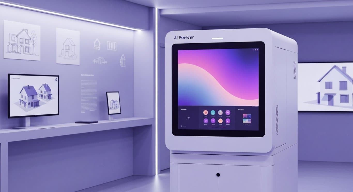 AI-powered paint mixing machine in a sleek showroom with hints of a housing market theme