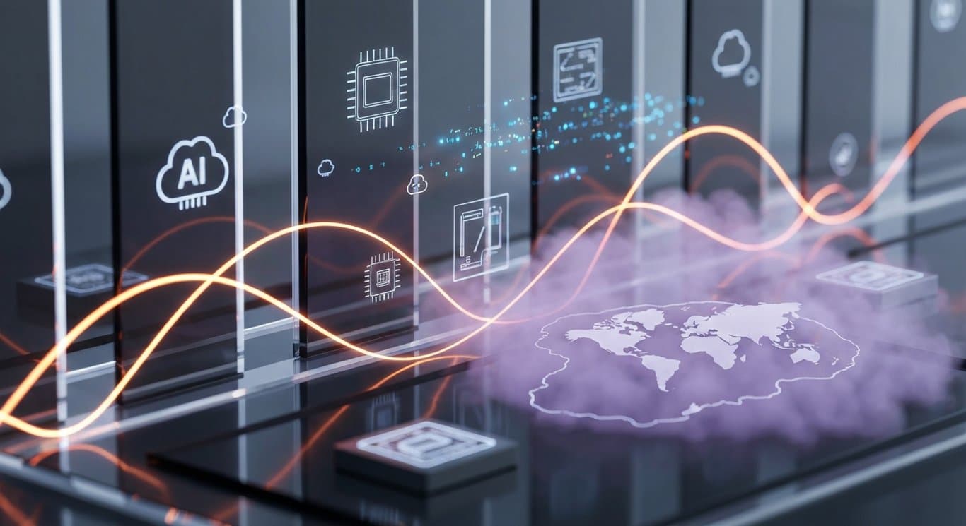 AI investment ecosystem visualization with chips, cloud, software enablers, energy volatility, inflation risks, and overhe