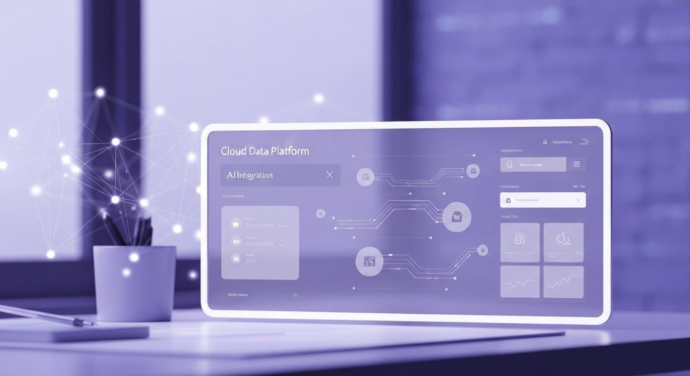 Modern cloud data platform dashboard with AI nodes set against a soft, abstract purple digital background