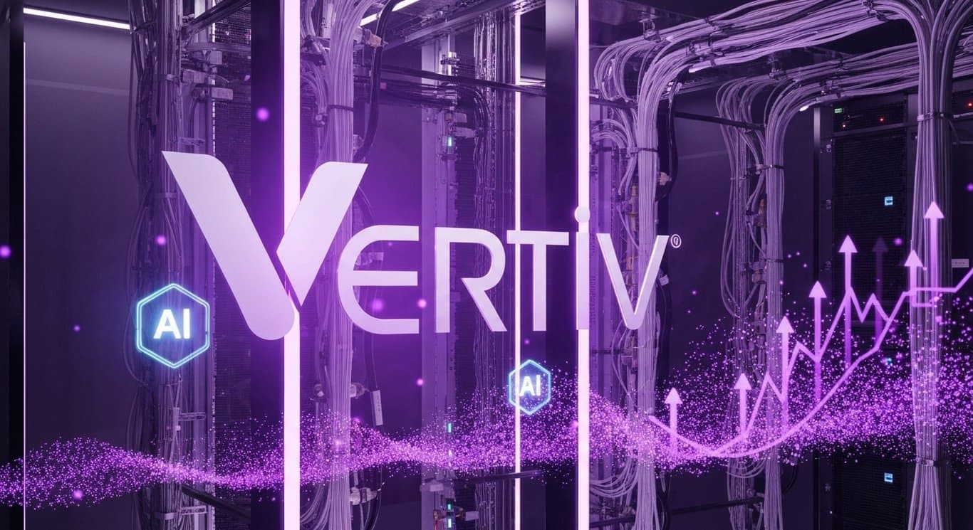 Vertiv earnings and AI data center demand visualization with power and liquid cooling elements, growth indicators, purple