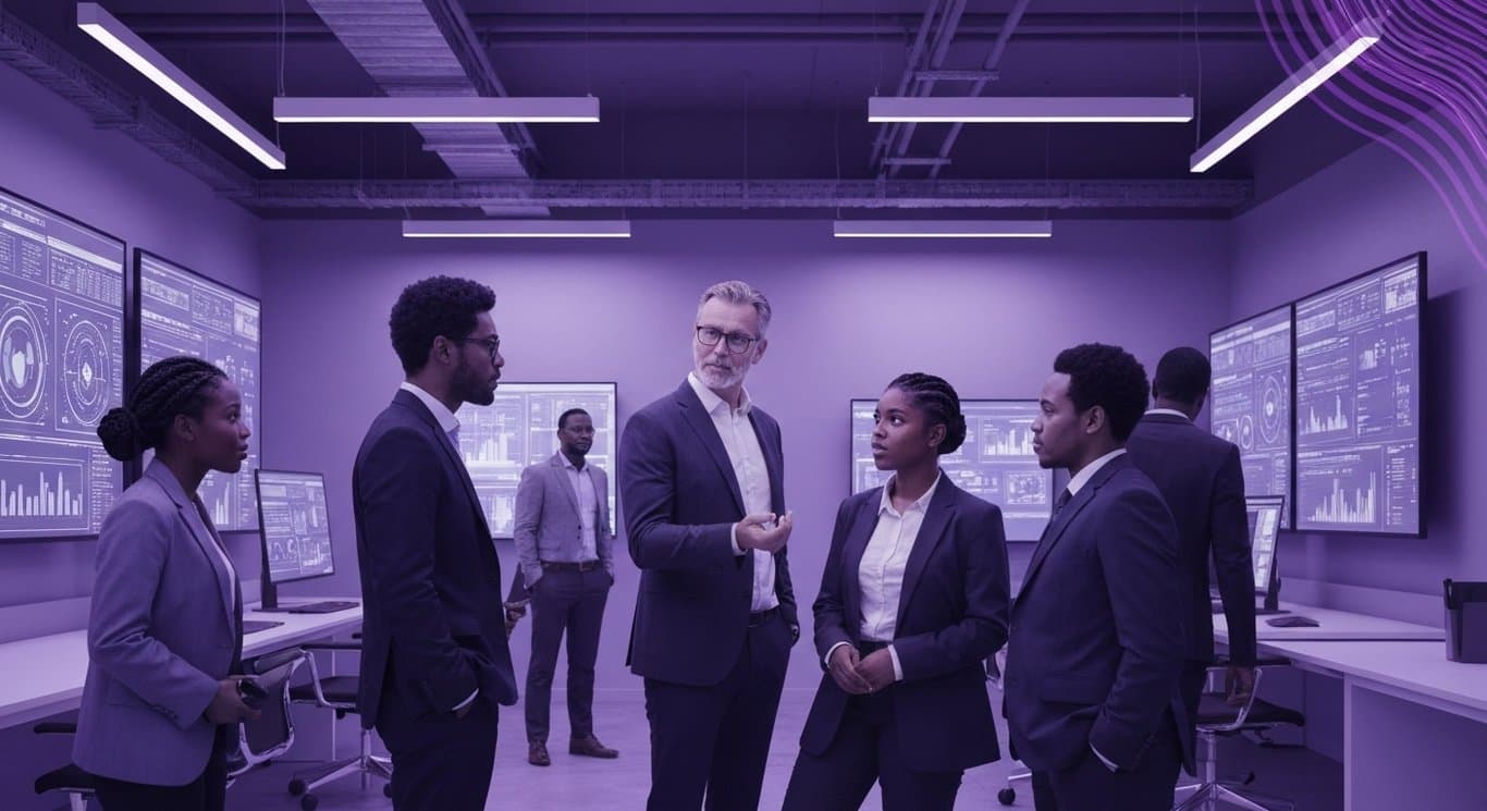 Group of business professionals in a modern office with digital screens and purple accents