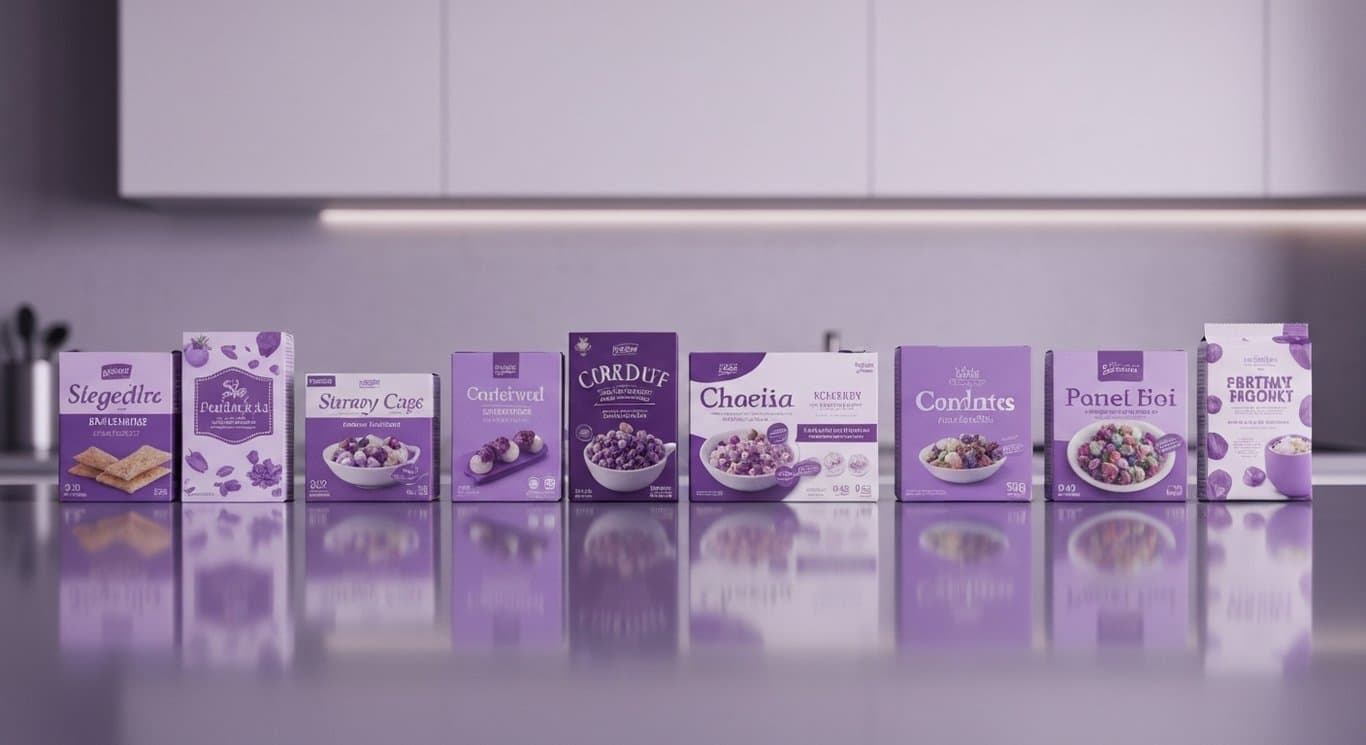 Assorted packaged food products lined up on a reflective surface with a soft purple kitchen background