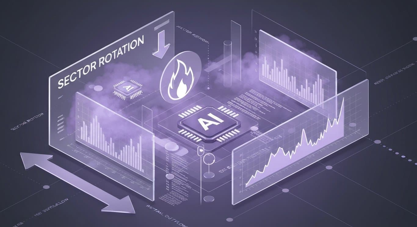 Abstract market forces with sector rotation arrows, energy and AI symbols in purple glass, data streams, and inflation-volat呵