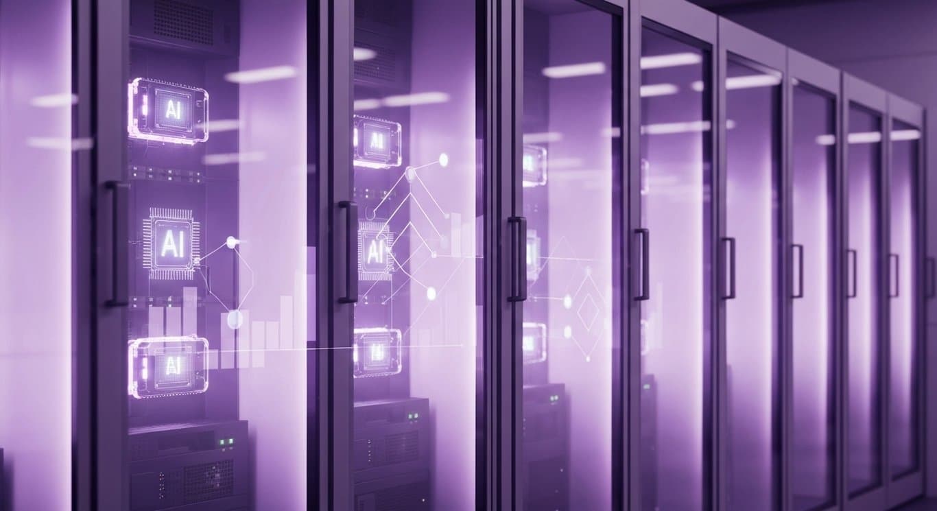 Logo in frosted glass, AI data center accelerators, open software ecosystem, acquisition synergy, growth signals in purple
