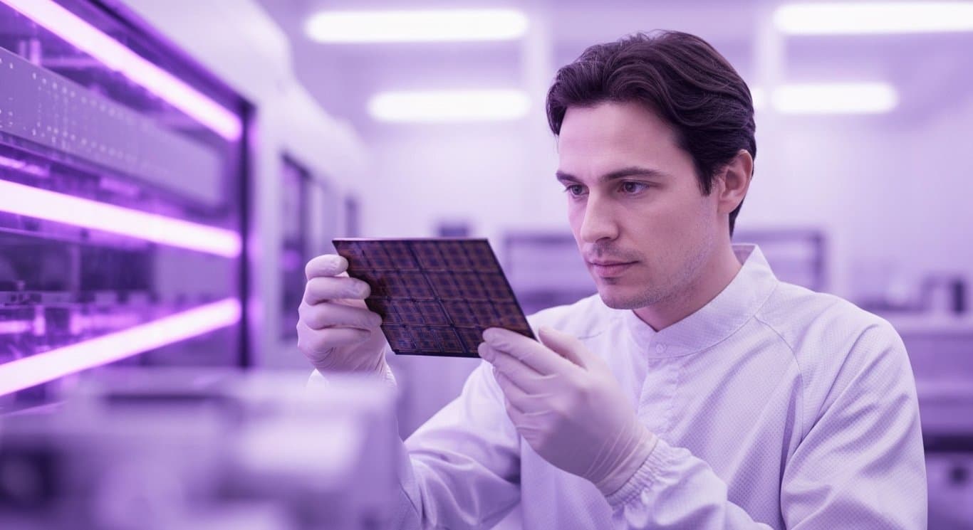 Semiconductor wafer being inspected by a technician in a high-tech cleanroom with purple ambient lighting