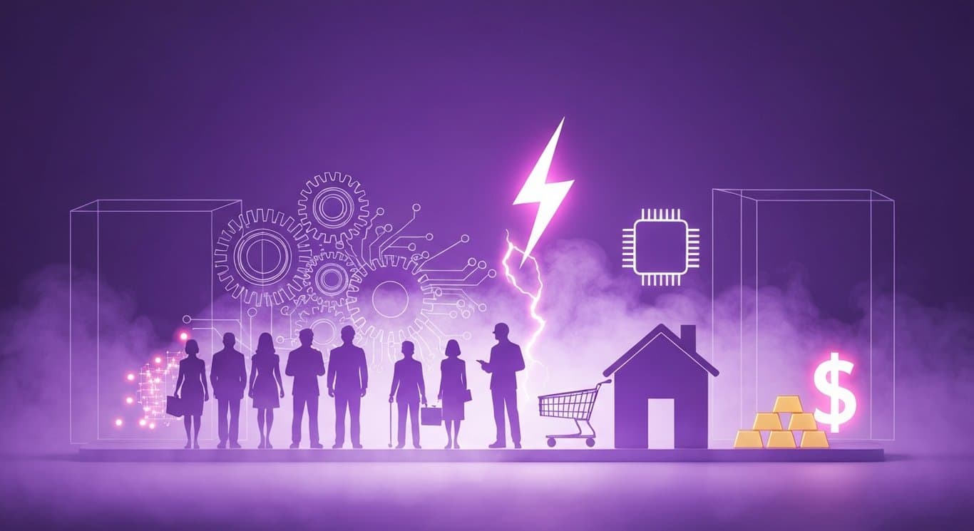 AI productivity and job cuts; energy and semiconductors strong, consumer discretionary and real estate weak; weak US dollar,