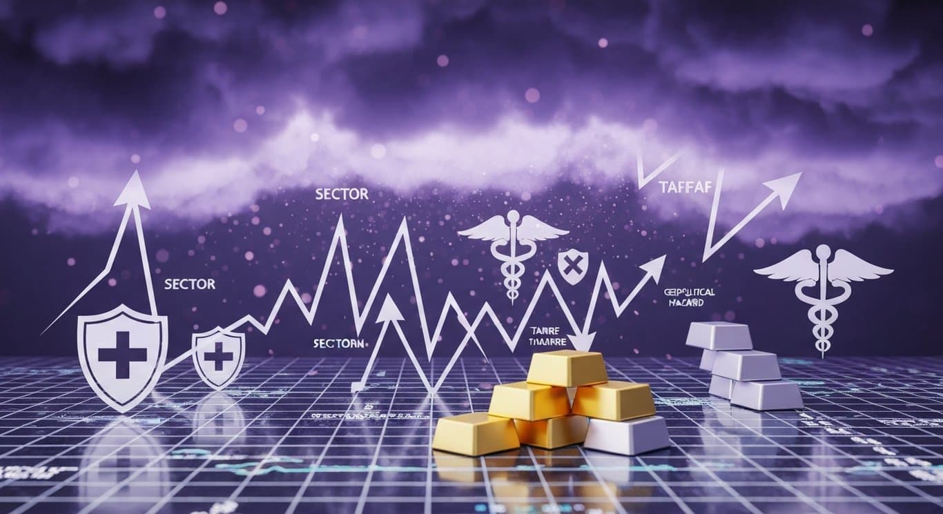 Market volatility from geopolitical tensions and tariff threats, rotation to defensive sectors and healthcare, gold and s