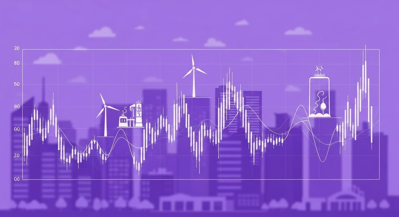 Abstract financial charts with energy icons and city backdrop against a purple-toned minimalist background