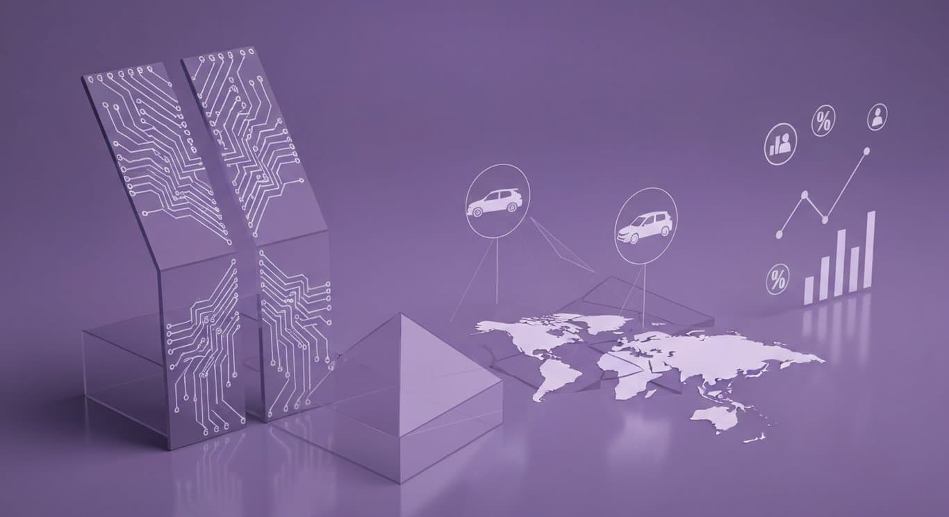 AI-driven market bifurcation, EV trade barriers, geopolitical risk, jobs data and Fed signals in purple-themed finance art
