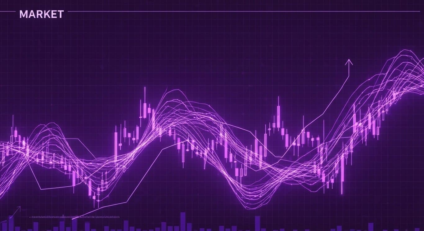 Abstract stock charts with circuit patterns and glowing data lines in a purple minimalist setting