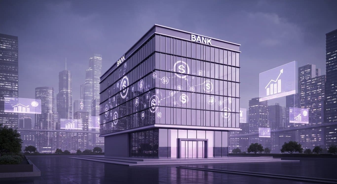 Modern bank building in a futuristic tech city with abstract financial icons and a soft purple background