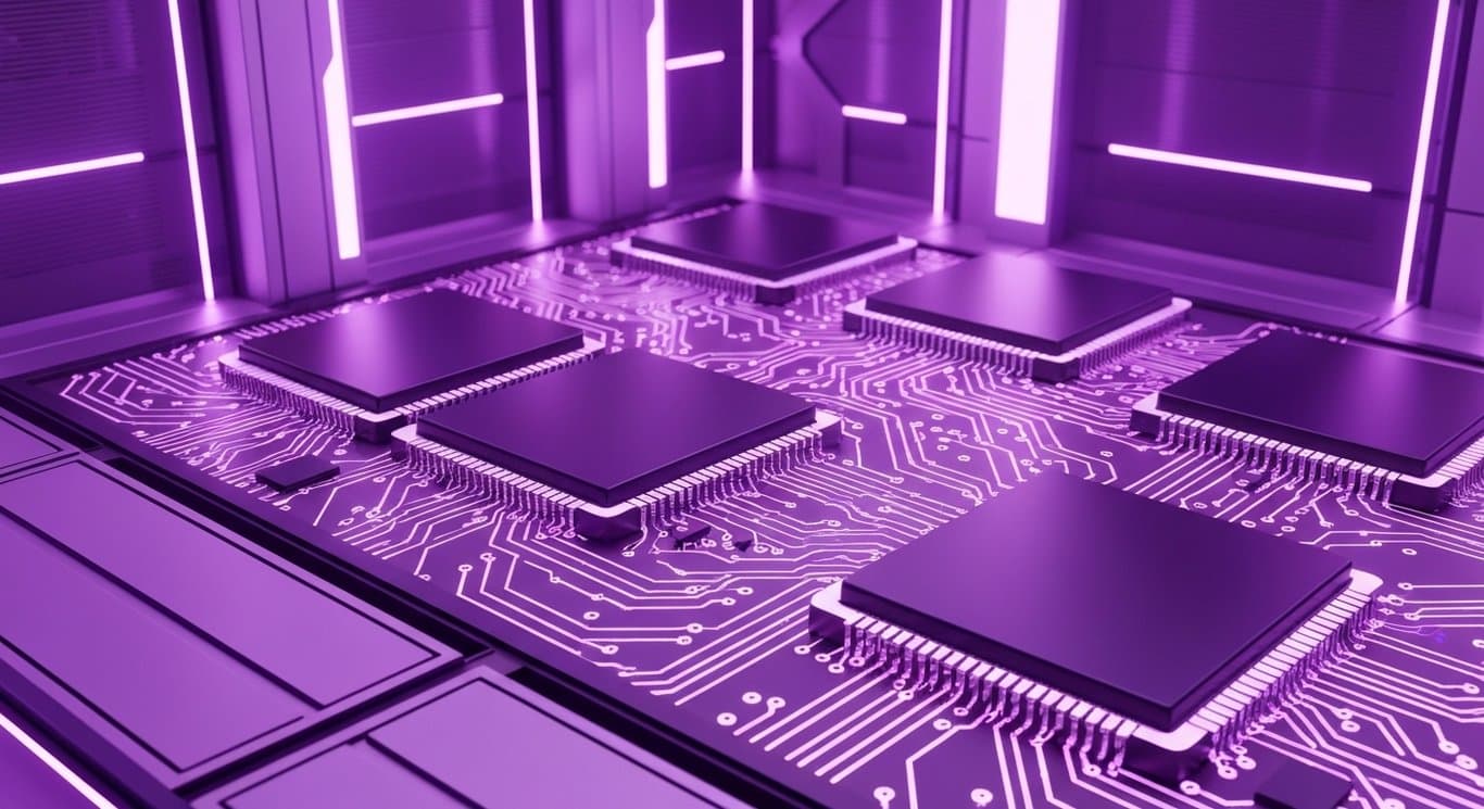 Computer microchips connected by glowing circuits in a futuristic server room with purple highlights