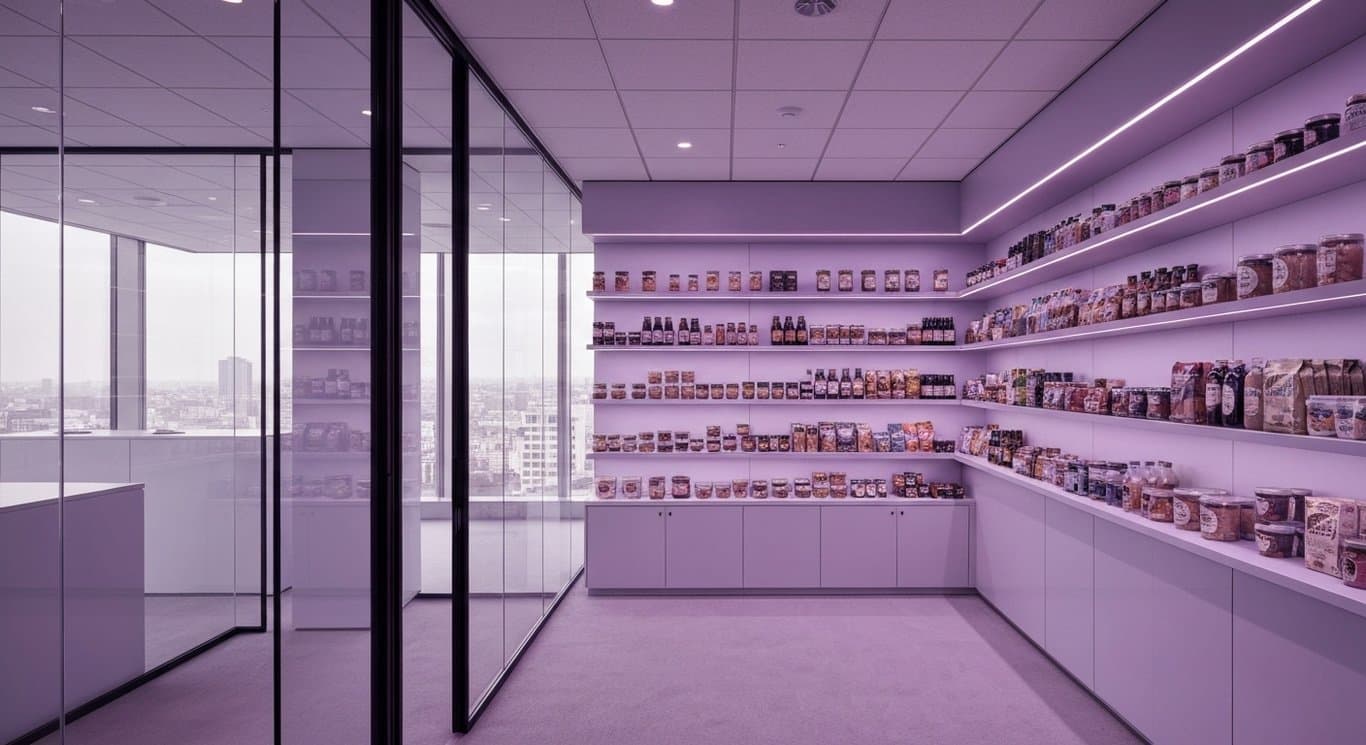 Grocery items neatly organized on a table in a modern office with a purple-themed city view
